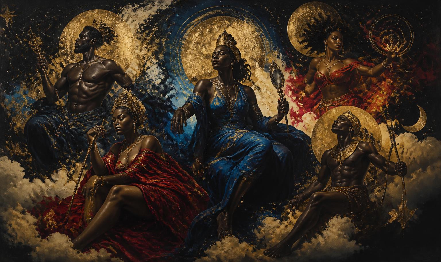 Painterly artwork of Black figures rendered as orisha in gold and indigo