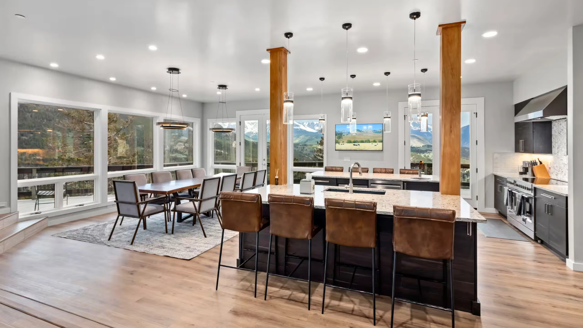 Chef's kitchen with island and mountain views